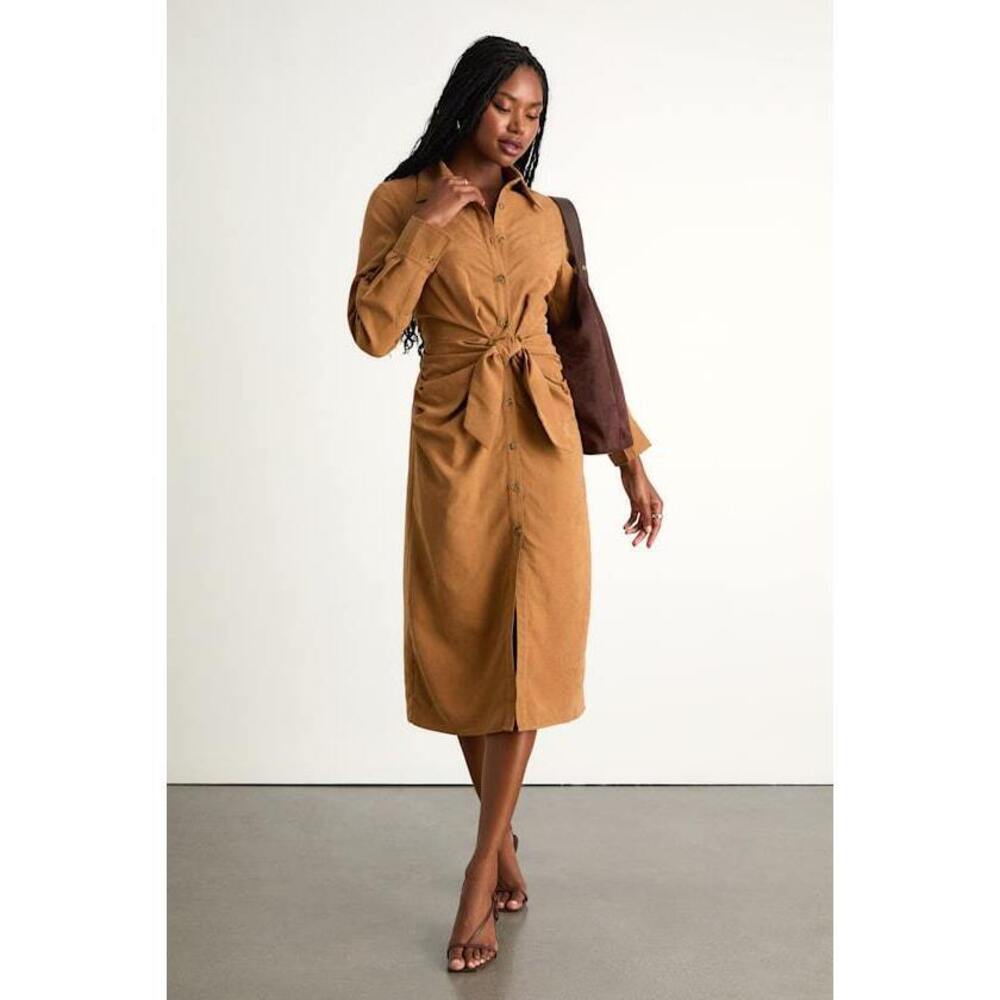 Lulus Autumnal Views Tan Suede Button-up Tie-front Midi Dress Brown - Size M